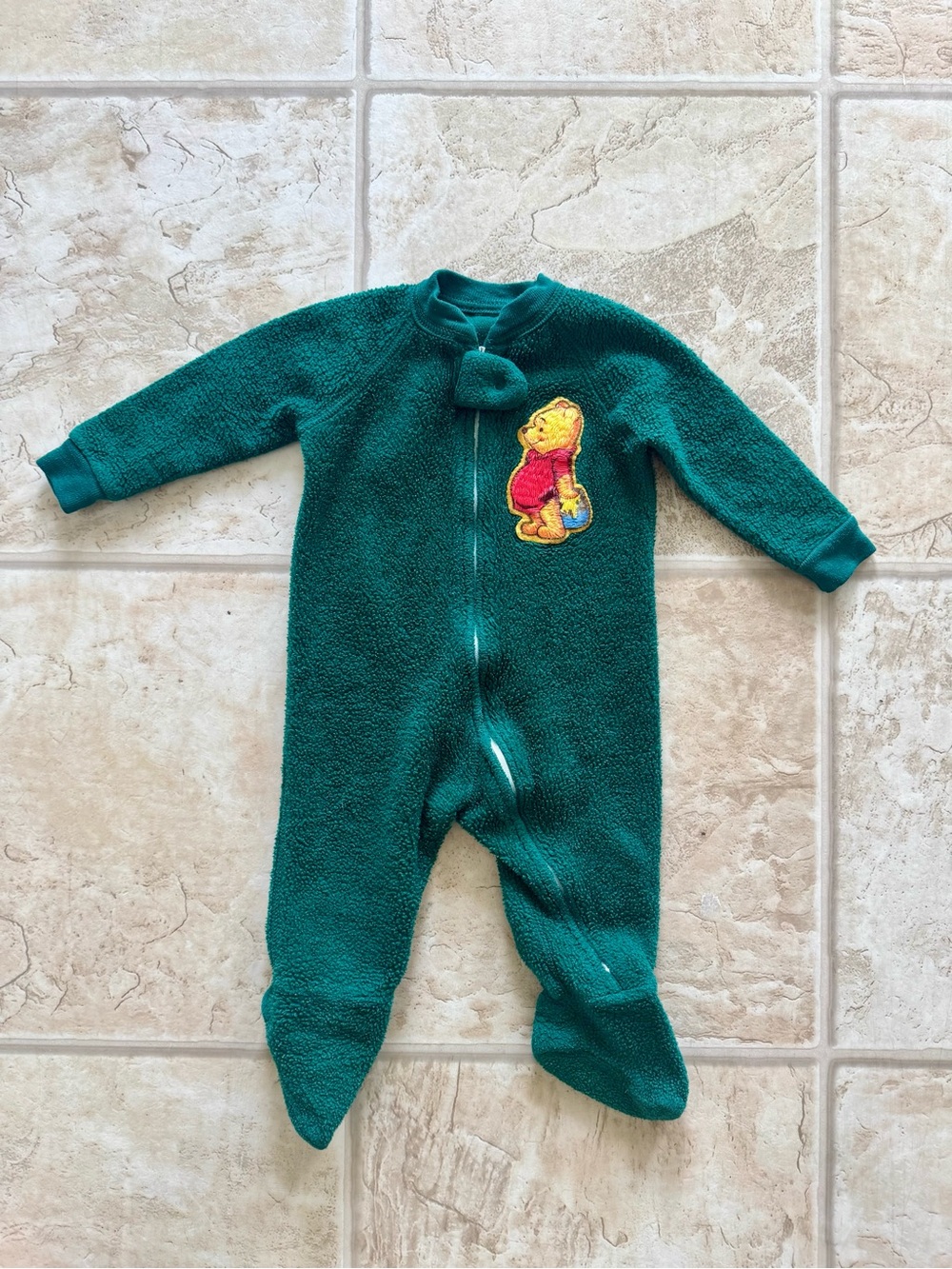 Vintage 90’s Winnie the Pooh Embroidered Disney Dark Green Fleece Baby One Piece